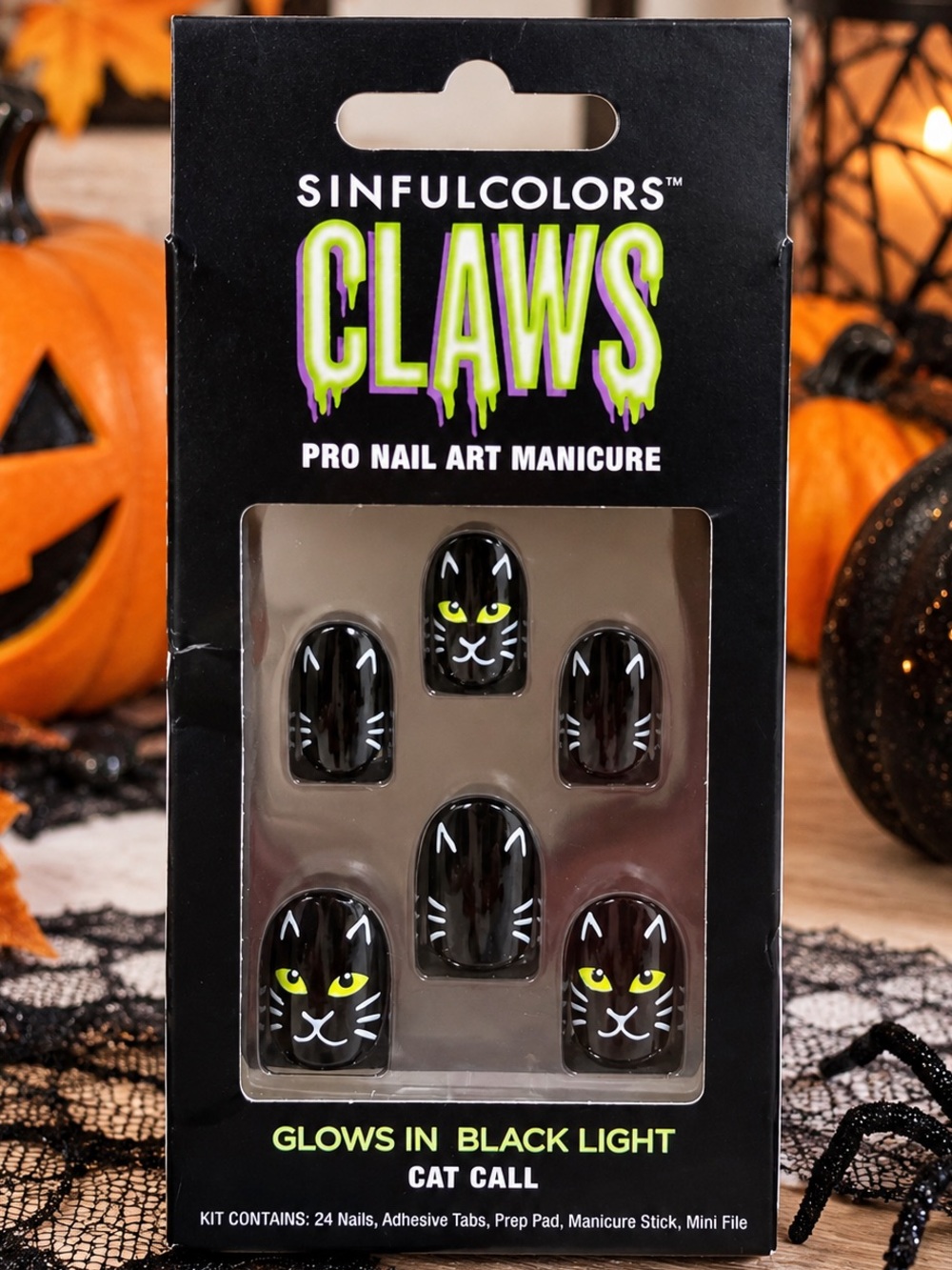 SinfulColors Claws Cat Gall Halloween Press On Nails Glow Black Light 24pc